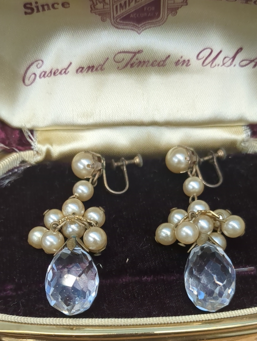 Vintage Pearl Cluster Drop Earrings with Clear Teardrop Crystal